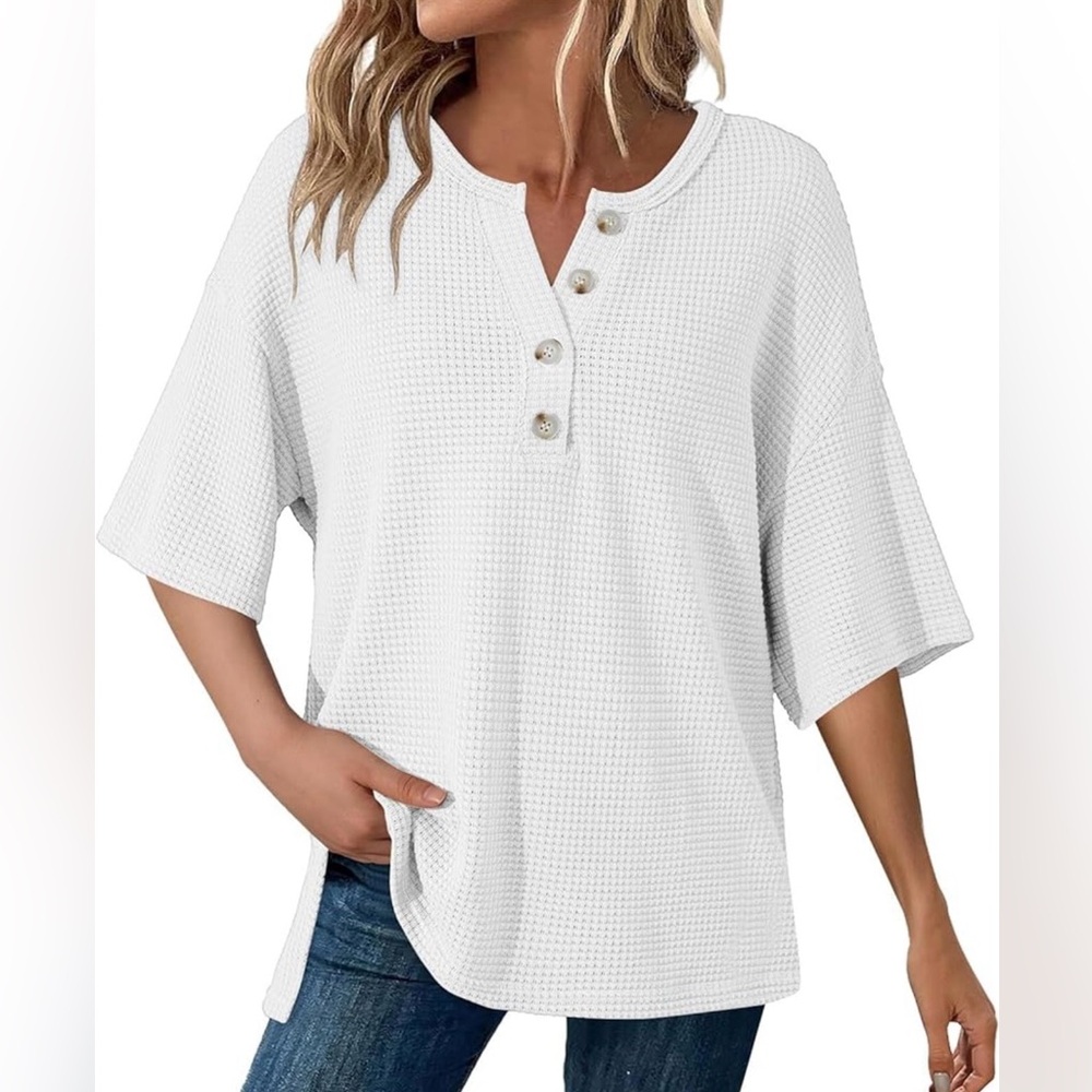 Dokotoo Casual Waffle Knit Henley Top - White
